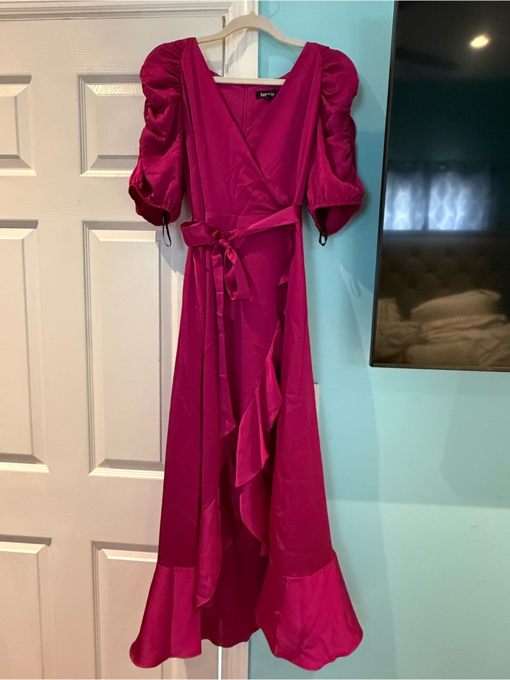 Kensie Fuchsia Puff-Sleeve Wrap Maxi Dress